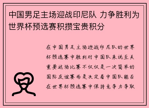中国男足主场迎战印尼队 力争胜利为世界杯预选赛积攒宝贵积分 中国男足主场迎战印尼队 力争胜利为世界杯预选赛积攒宝贵积分
