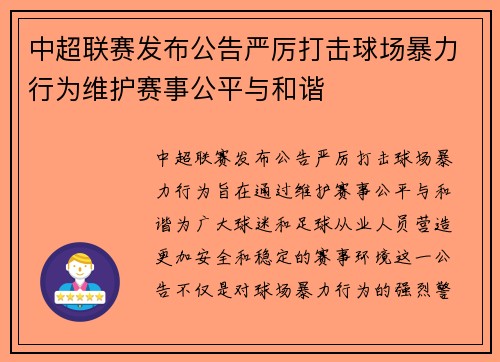 中超联赛发布公告严厉打击球场暴力行为维护赛事公平与和谐
